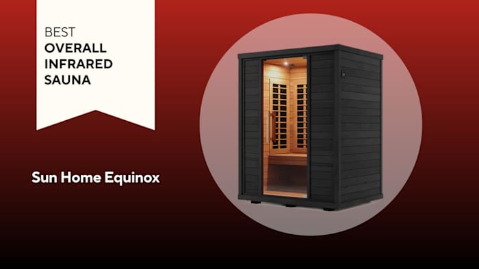 A box-shaped black and brown colored Sun Home Equinox Sauna